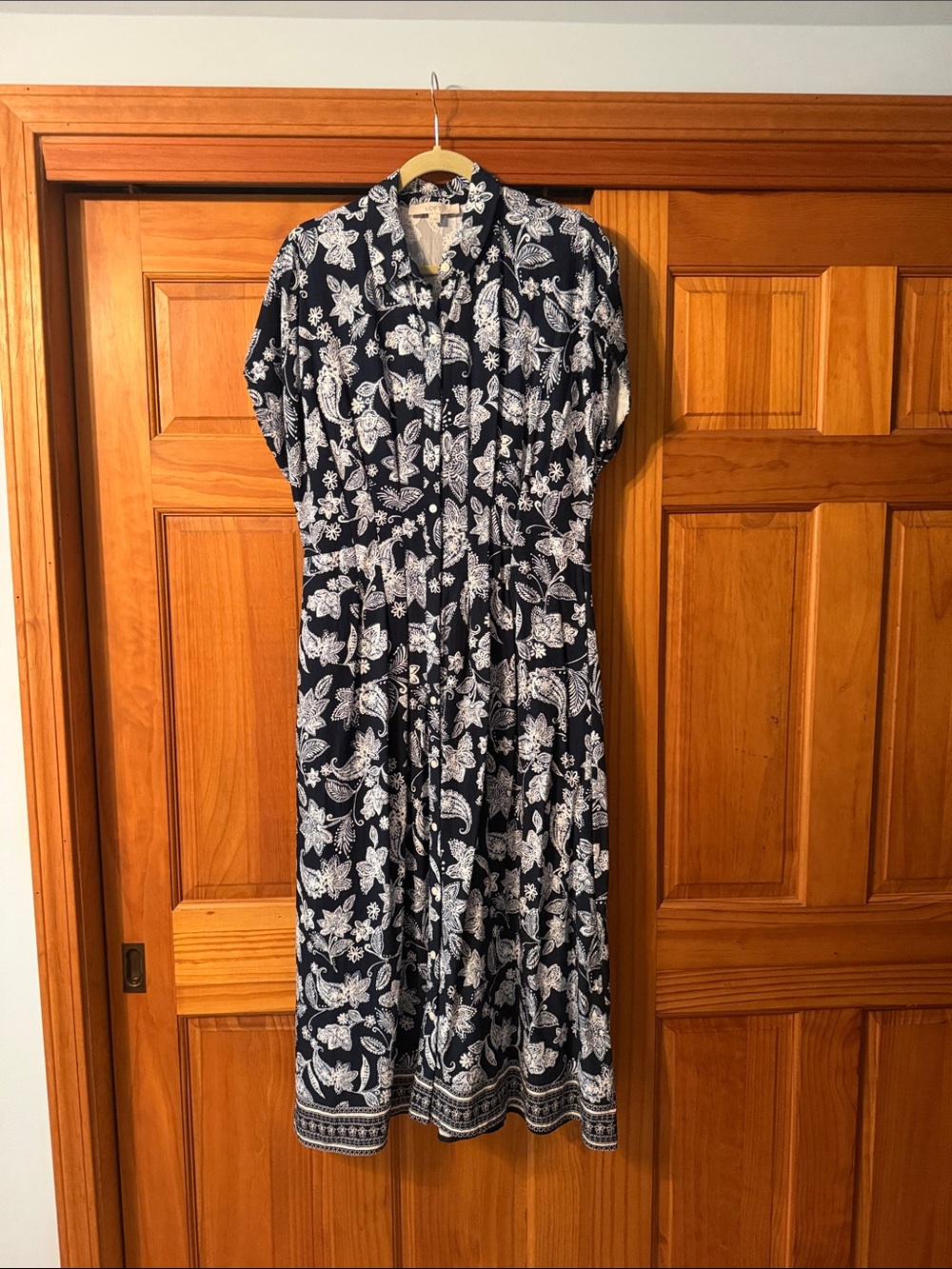 LOFT Navy and White Floral Button-Front Midi Dress